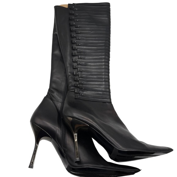Charles David Black Leather Knee High Boots Silver Stiletto Heels 39.5 - Picture 1 of 11